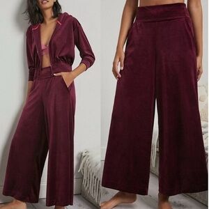 Anthropologie Saturday Sunday | Burgundy Wine Velvet Wide Leg Soft Pants Size XS
